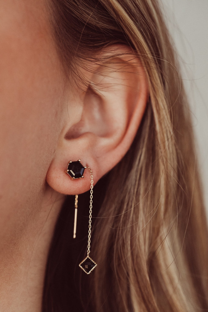 Sarah O Square Black Spinel Milgrain Bezel Threader Earrings