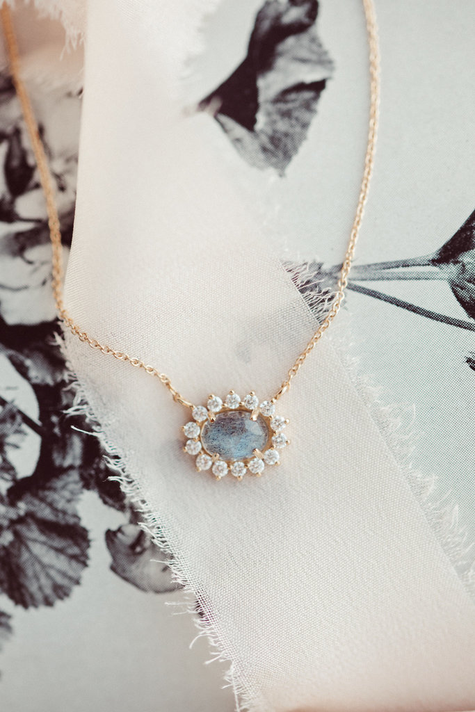 Sarah O Oval Labradorite with Starburst Diamond Halo Necklace 14kyg