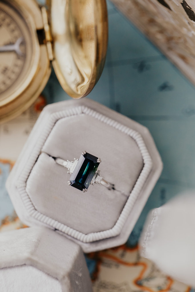 Sarah O The Caspian 2.89 ct Emerald Cut Blue Green Sapphire Ring 14kwg