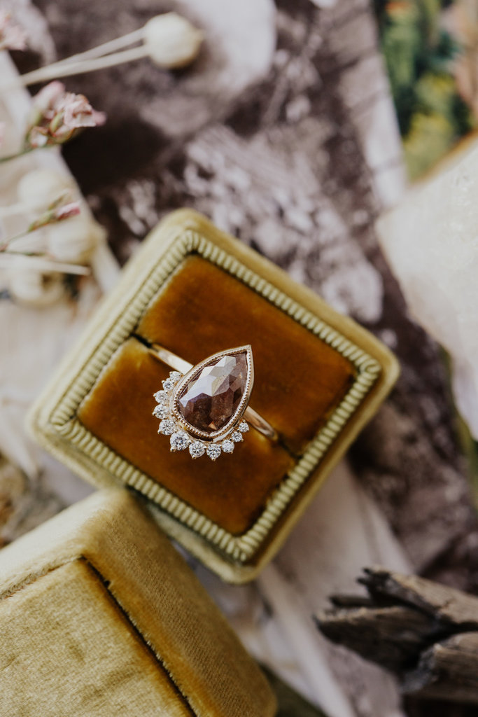 Sarah O The Acadia 1.96 ct Pear Rustic Diamond Ring 14kyg