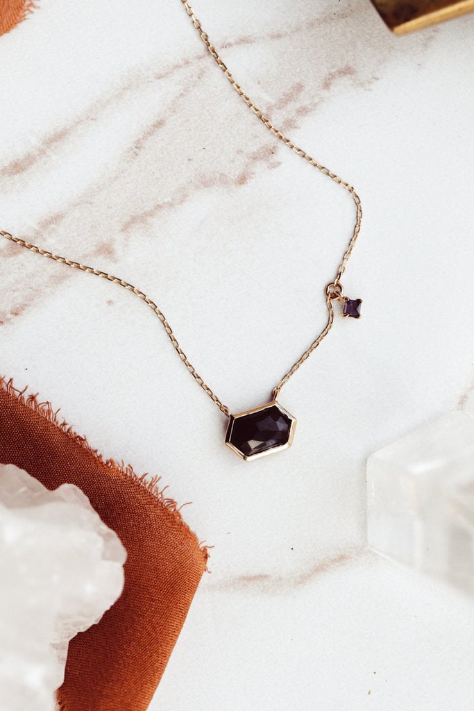 Sarah O Long Hexagon Black Spinel with Iolite Dangle Necklace