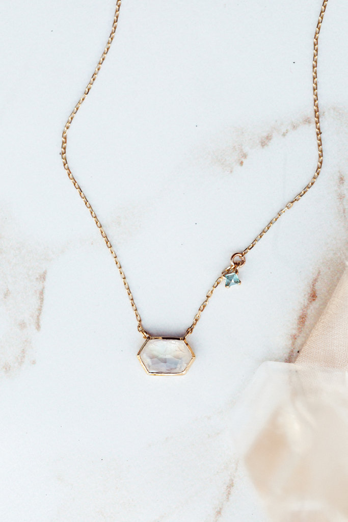 Sarah O Long Hexagon Moonstone with Blue Topaz Dangle Necklace