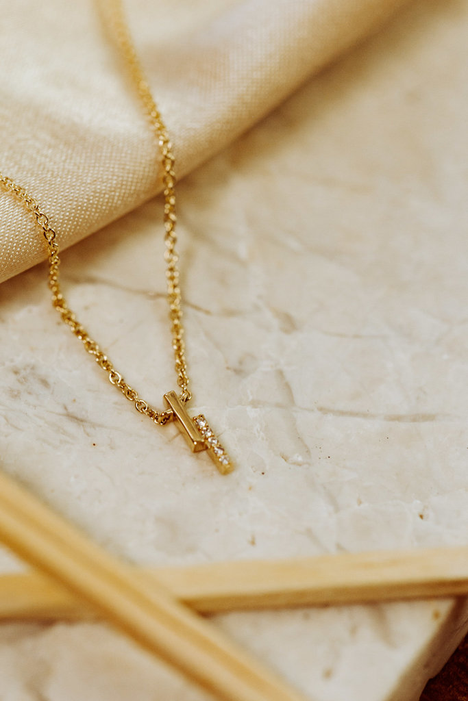 Sarah O .01 ct Pave Diamond Bar and Gold Bar Necklace