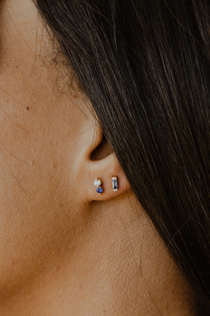 Sarah O .35 ct Baguette Sapphire with .02 ct Diamond Stud Earrings 14kyg
