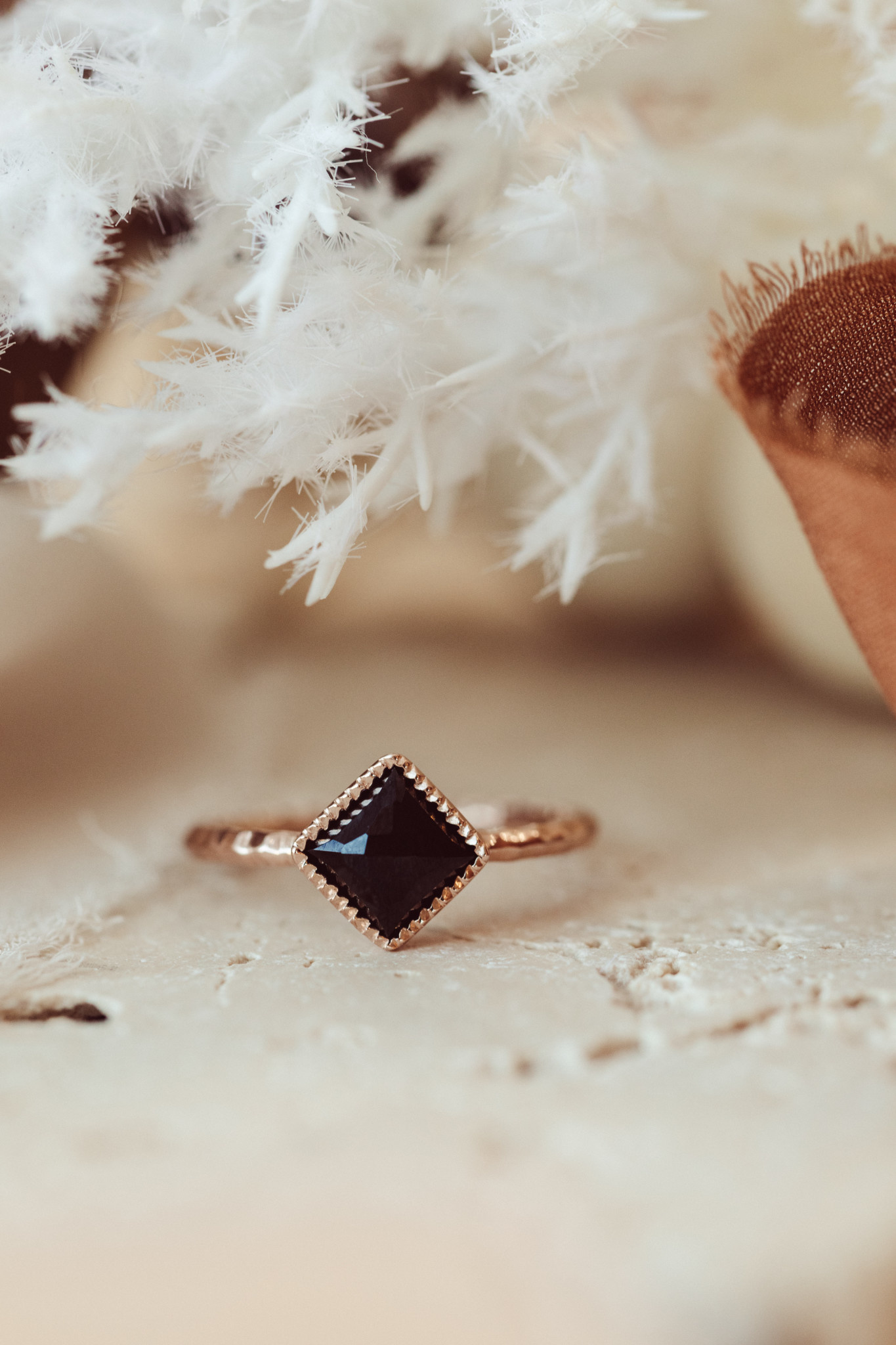 Square Black Spinel with Hammered Band Ring - Sarah O.