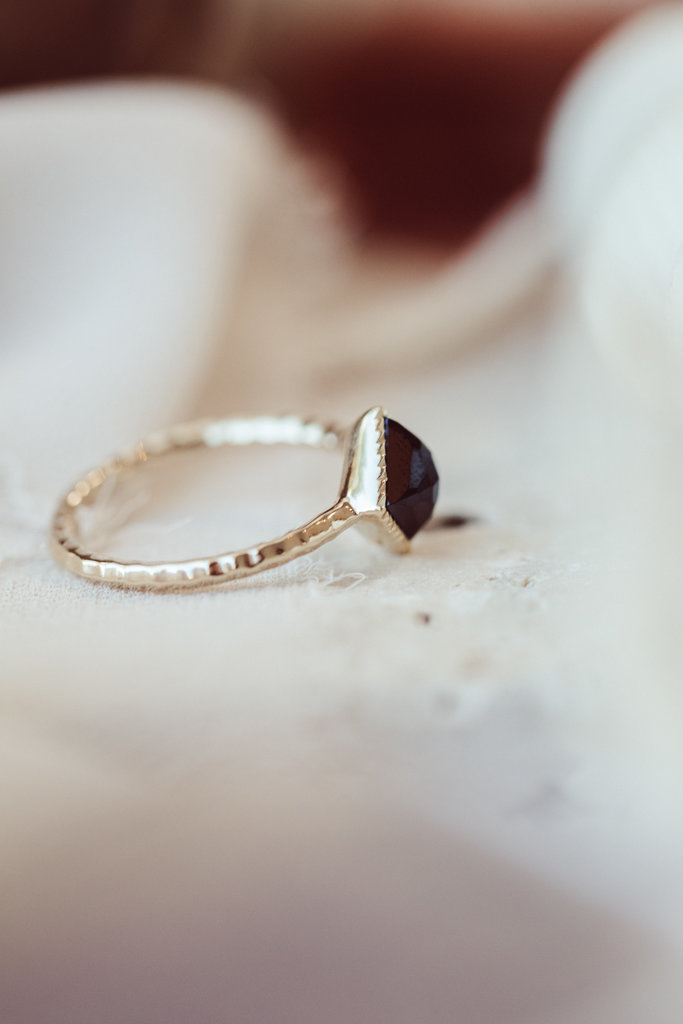 Sarah O Square Black Spinel in Milgrain Bezel with Hammered Band Ring