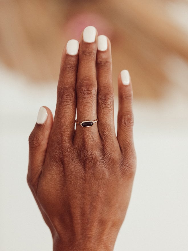 Square Black Spinel with Hammered Band Ring - Sarah O.