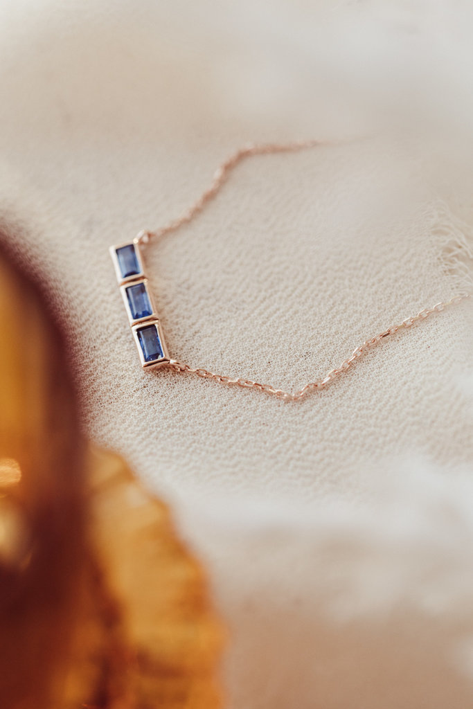 Sarah O 3 Baguette Sapphire in Bezel Bar Necklace