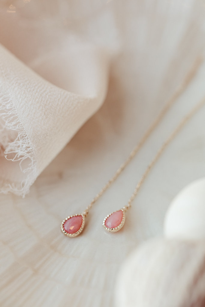 Sarah O Pear Pink Opal Threader Earrings 14kyg