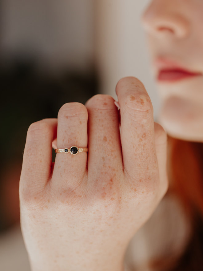 Square Black Spinel with Hammered Band Ring - Sarah O.