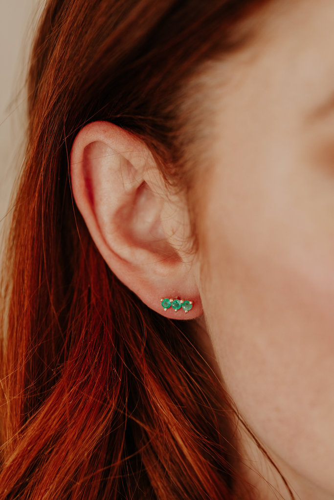 Sarah O 3 Emeralds Bar Stud Earring 14kyg
