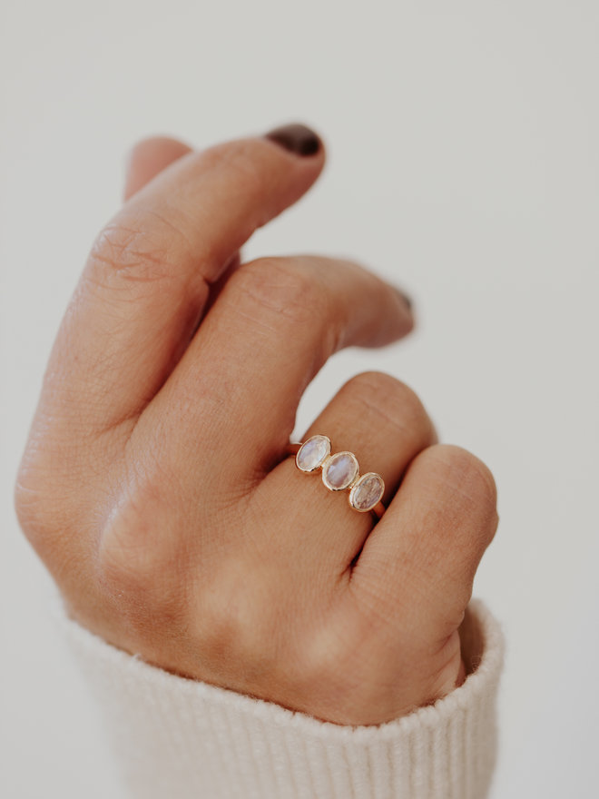 Sarah O Large & Small Round Moonstone Hammered Band Ring