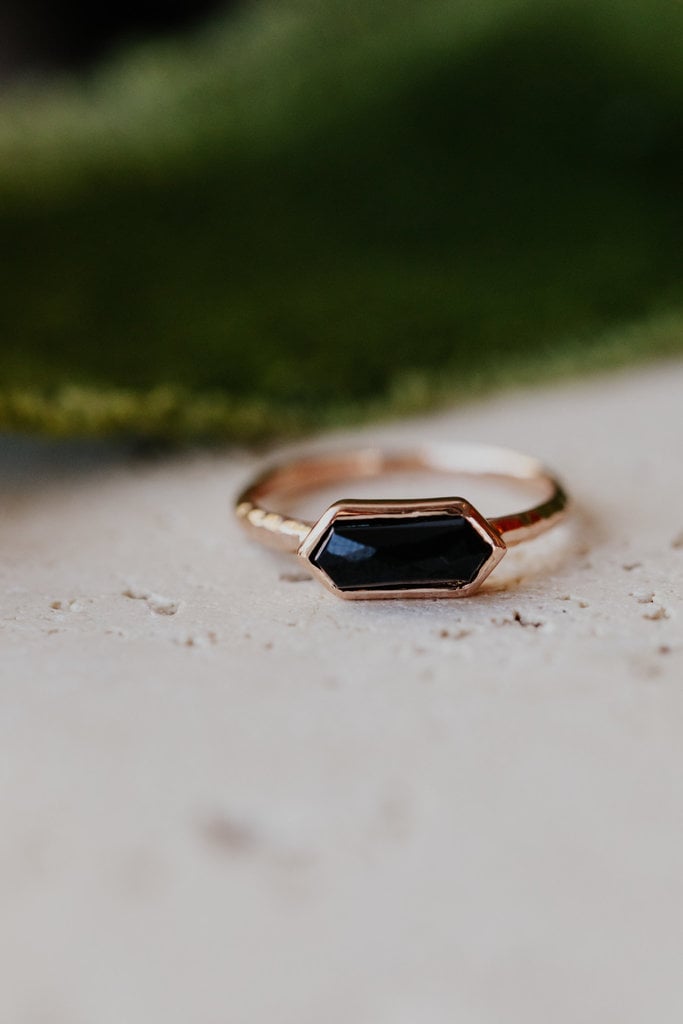 Sarah O Long Hexagon Black Spinel in Bezel Ring