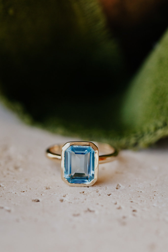 Sarah O Large Emerald Cut Swiss Blue Topaz Bezel Ring 14kyg