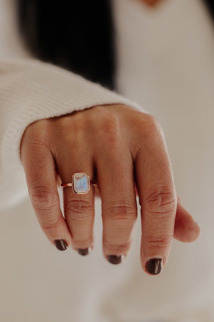 Sarah O Large Emerald Cut Moonstone Bezel Ring