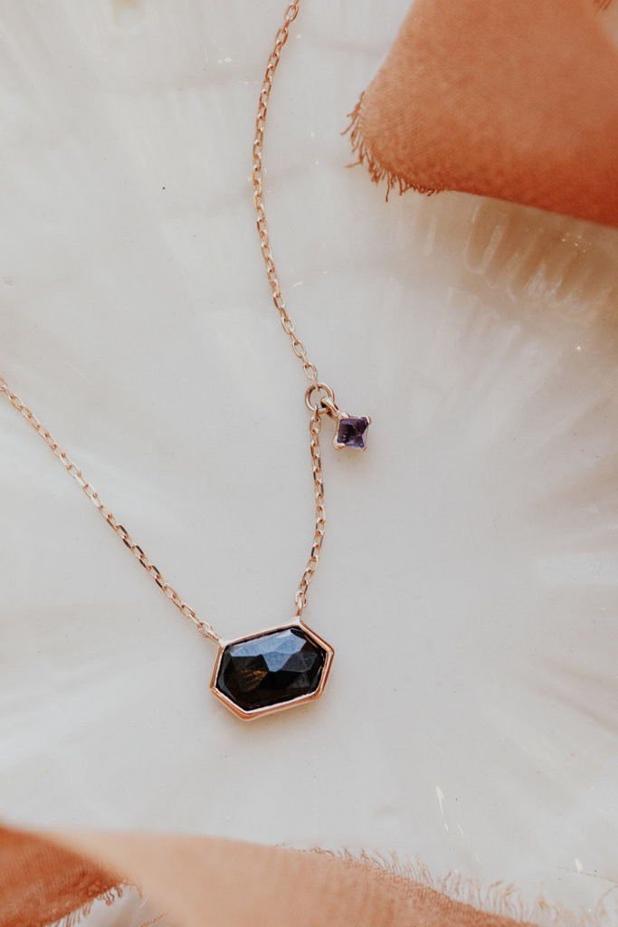 Sarah O Long Hexagon Black Spinel with Iolite Dangle Necklace