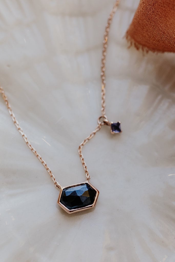 Sarah O Long Hexagon Black Spinel with Iolite Dangle Necklace