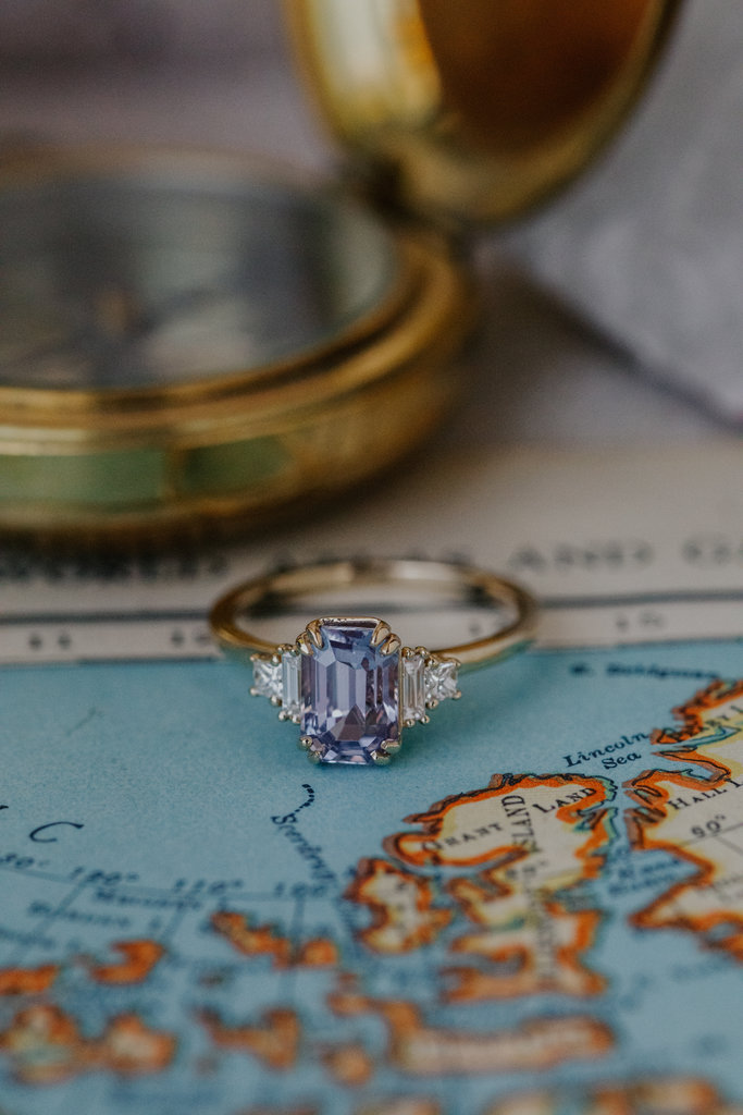 Sarah O The Caspian 2.07 ct Emerald Cut Deep Pink Sapphire Ring