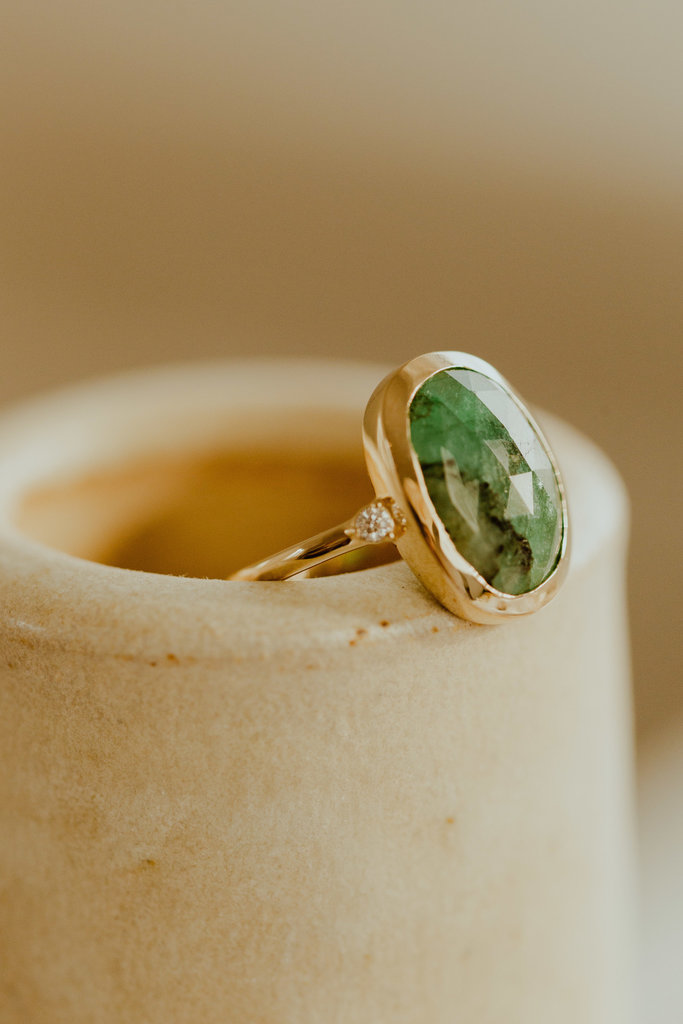 Sarah O The Aspen 4.09 ct Organic Oval Emerald with Side Diamonds Ring