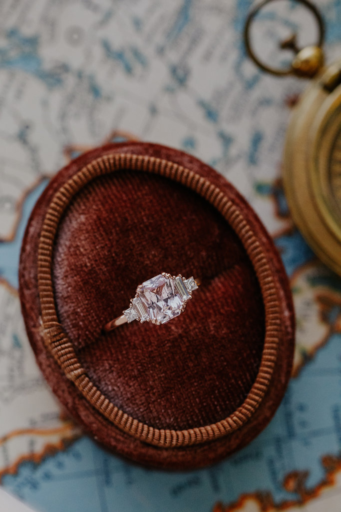 Sarah O The Caspian 1.30 ct Emerald Cut Pink Sapphire & Diamond Side Stone Ring