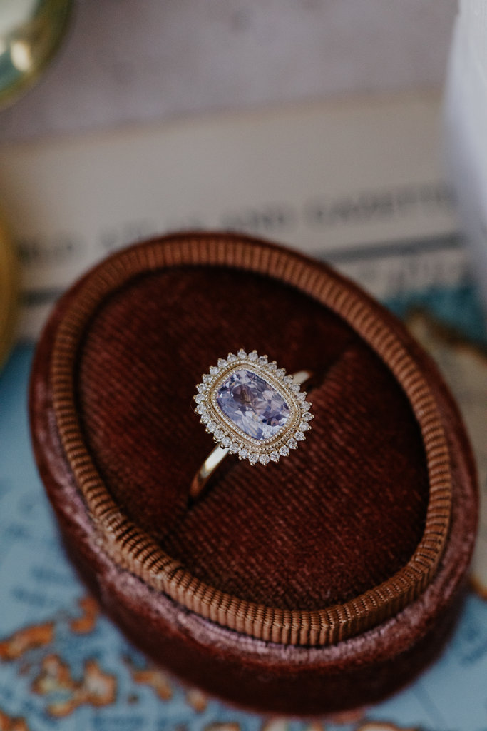 Sarah O The Nile 1.77 ct Cushion Pink Purple Sapphire with .15 ct Diamond Halo Ring