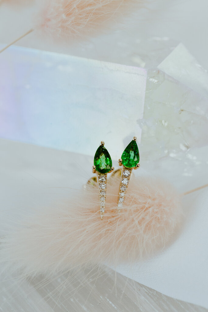 Sarah O .37 ct Pear Emerald with .06 ct Dagger Diamond Studs