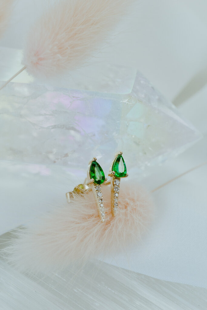 Sarah O .37 ct Pear Emerald with .06 ct Dagger Diamond Studs
