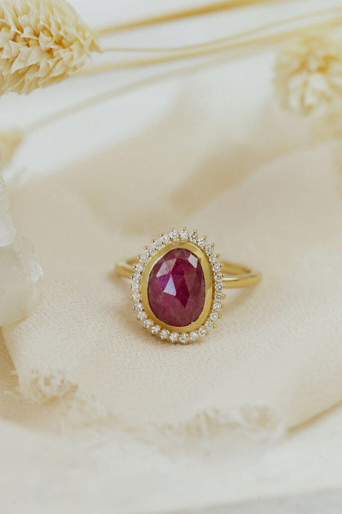 Sarah O The Isabelle 3.58 ct Organic Ruby Starburst Halo Ring