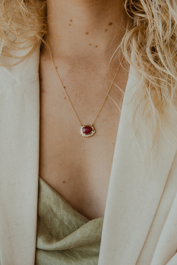 Sarah O The Miles 4.90 ct Organic Oval Ruby Diamond Flare Necklace