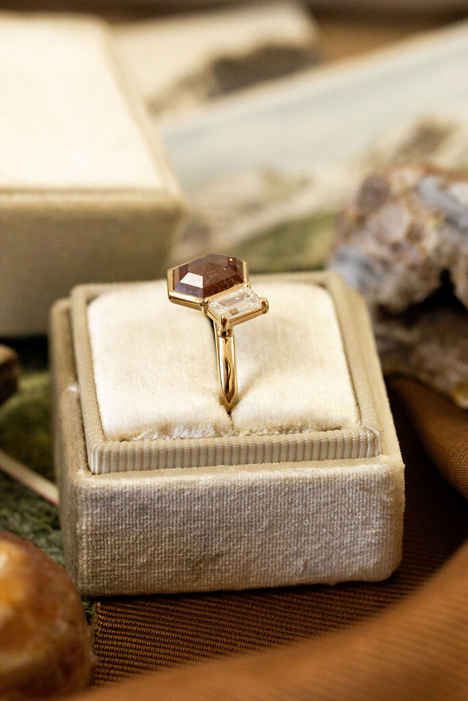 Sarah O The Toi et Moi 1.80 ct Rustic Hexagon and .60 ct Emerald Cut White Diamond Ring