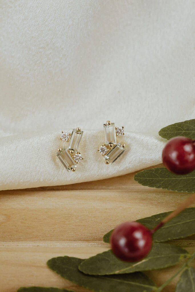 Sarah O 1.28 ct Baguette Green Amethyst with .17 ct Round Diamond Stud Earrings