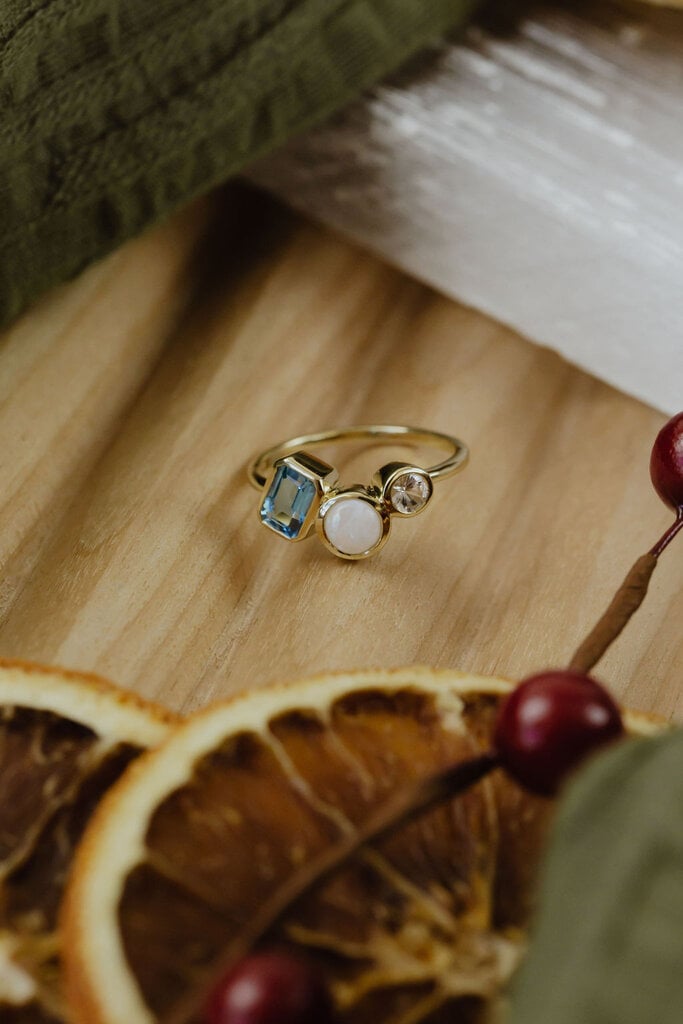 Sarah O Swiss Blue Topaz, Australian Opal and White Sapphire Mixed Shape Ring