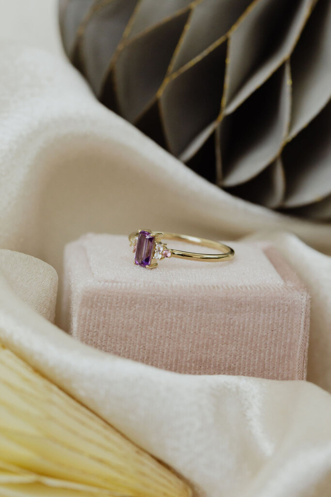 Sarah O .50 ct Emerald Cut Amethyst with Gemstone Side Stone Ring