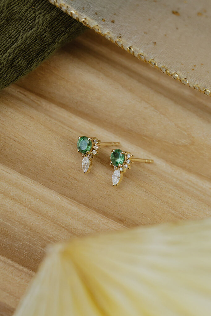 Sarah O .49 ct Round Emeralds with .23 ct Marquise and Round Diamond Half Halo Earrings