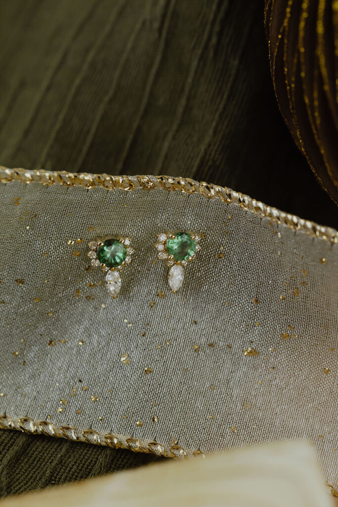 Sarah O .49 ct Round Emeralds with .23 ct Marquise and Round Diamond Half Halo Earrings