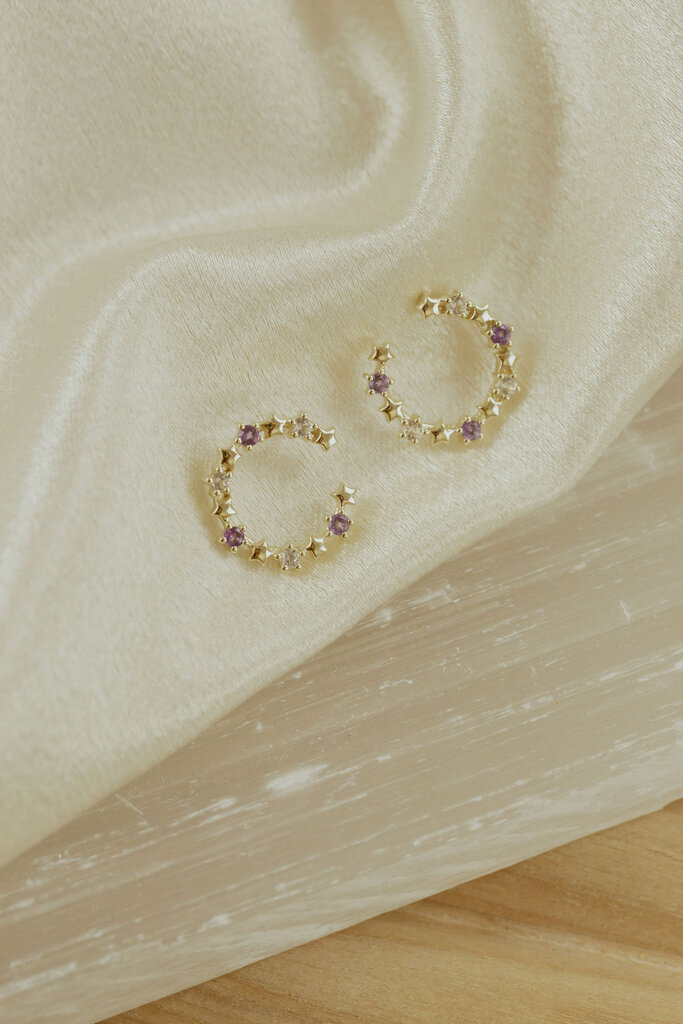 Sarah O White Sapphire and Amethyst with Stars Open Circle Earrings