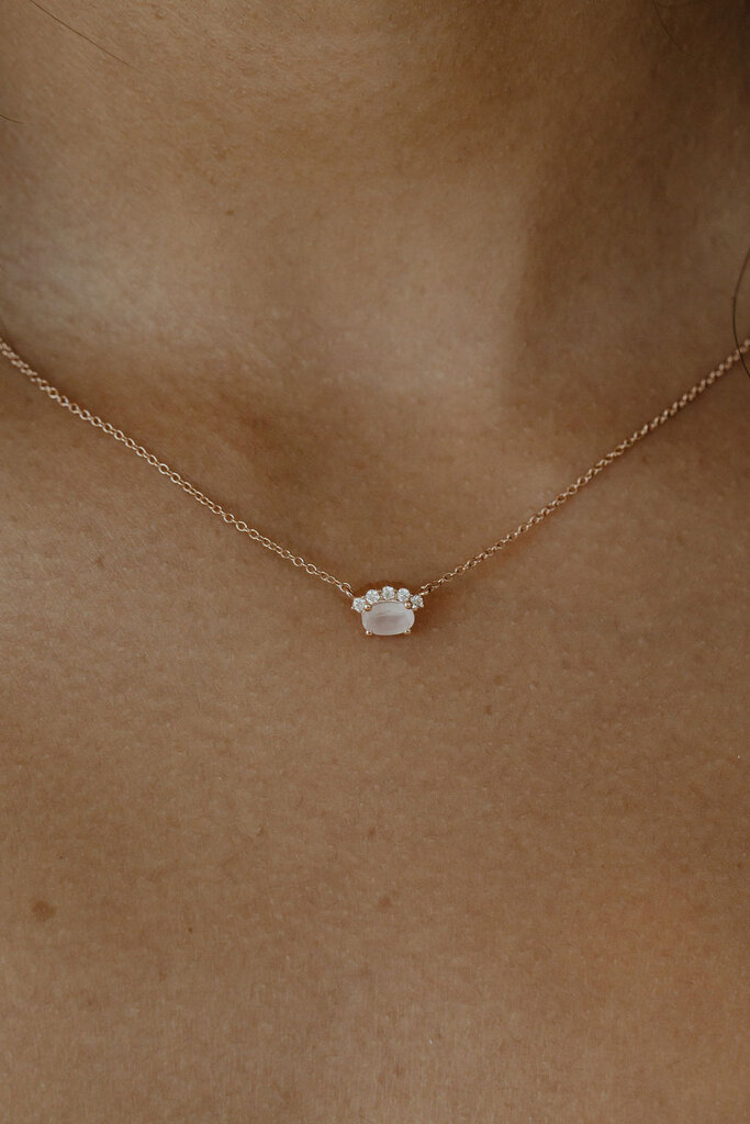 Sarah O .35 ct Oval Rose Quartz and .08 ct Half Halo Diamond Necklace