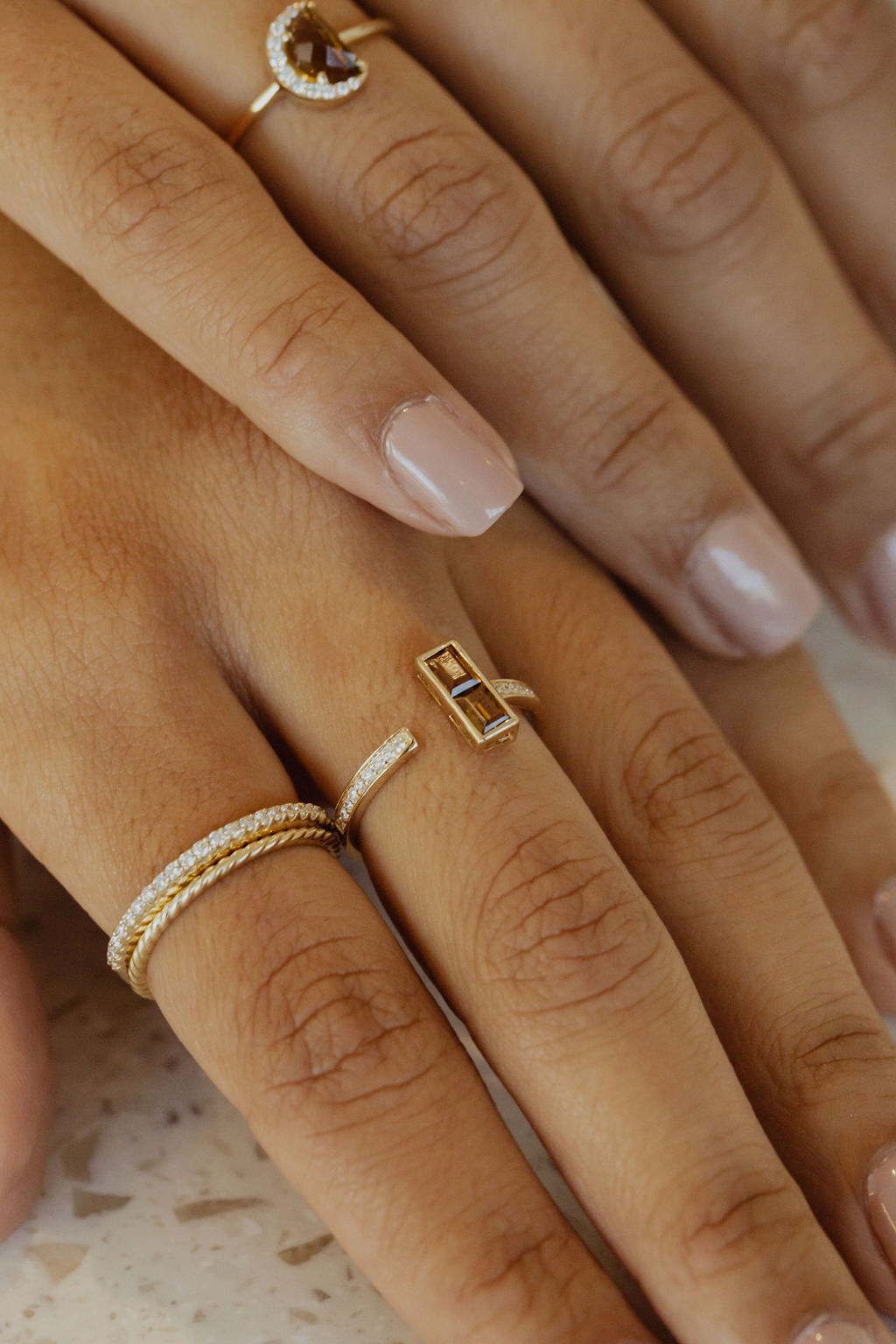 Custom 14k Gold Baguette 3-Stone and Diamond Family Ring