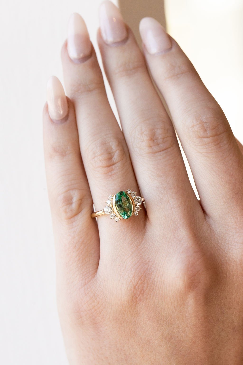 Double Halo Diamond & Green Emerald Ring