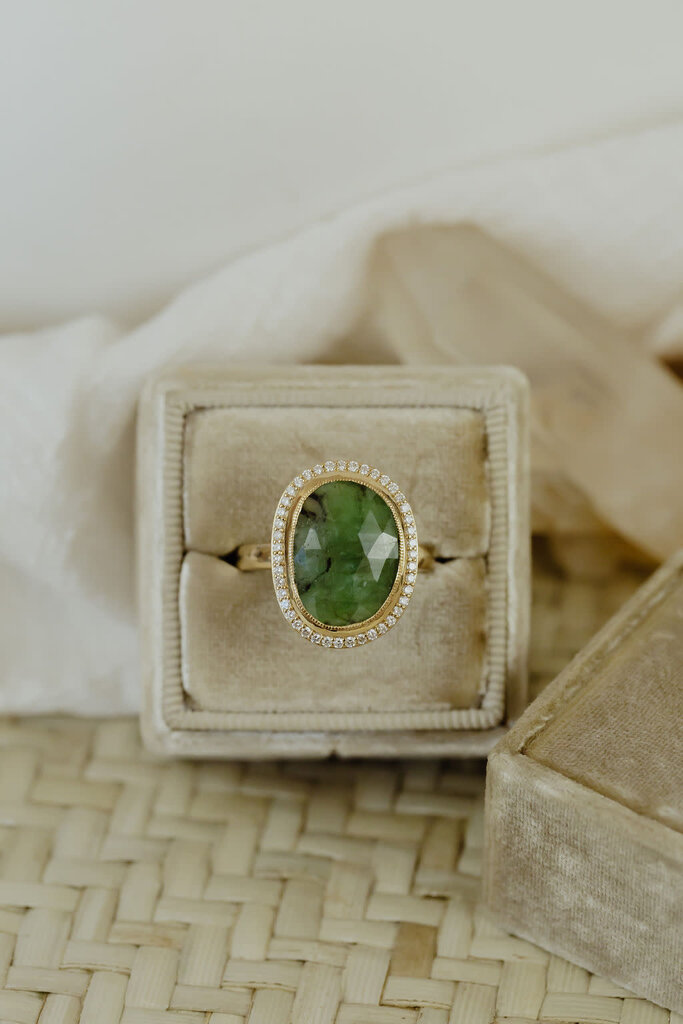 Sarah O The Mesa 3.84 ct Organic Emerald with Diamond Halo Ring