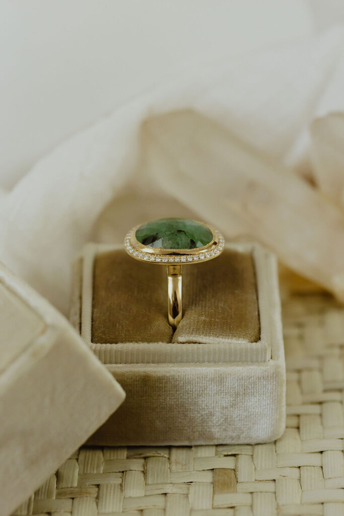 Sarah O The Mesa 3.84 ct Organic Emerald with Diamond Halo Ring