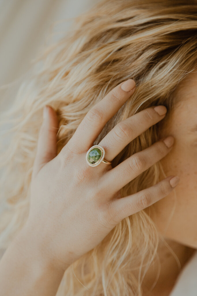 Sarah O The Mesa 3.84 ct Organic Emerald with Diamond Halo Ring