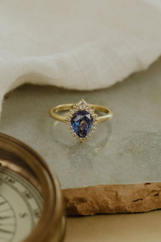 Sarah O The Victoria 2.18 ct Pear Bright Blue Sapphire with .22 ct Halo Ring 14kyg