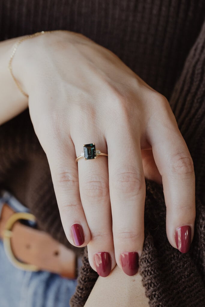 Sarah O The Vivien 3.03 ct Emerald Cut Teal Sapphire Ring