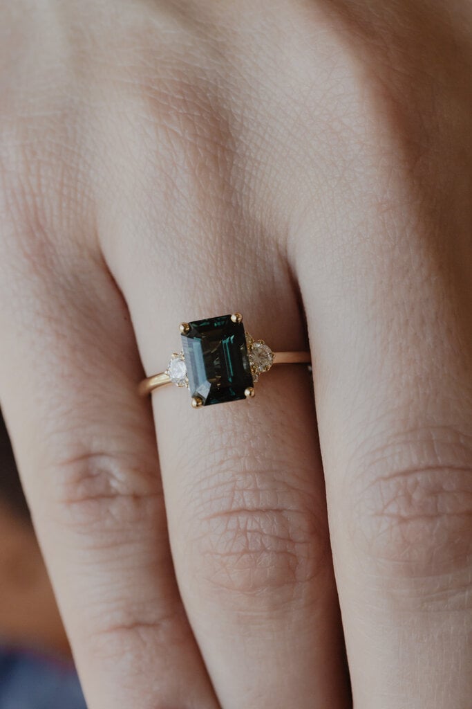 Sarah O The Vivien 3.03 ct Emerald Cut Teal Sapphire Ring