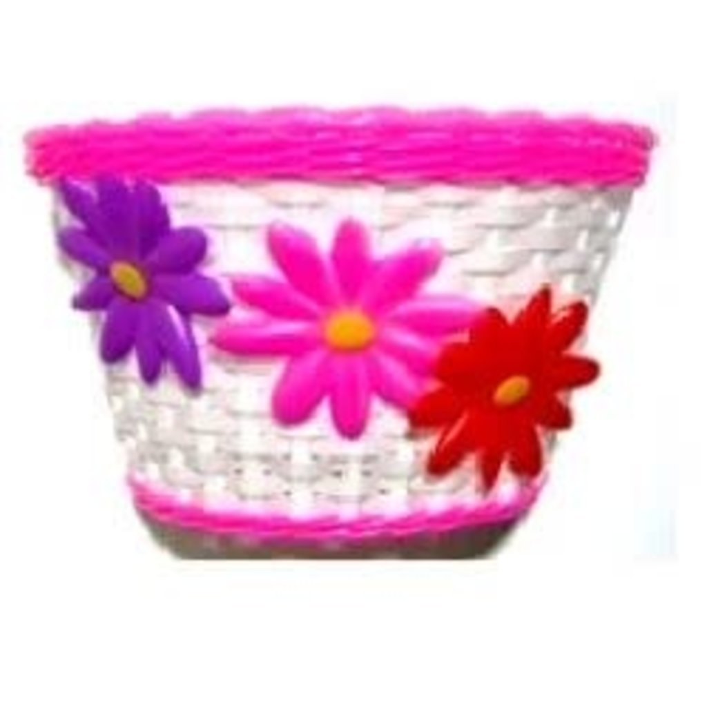 Basket - Front, Kids, White With Pink Strip & Large Flowers