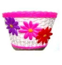 Basket - Front, Kids, White With Pink Strip & Large Flowers