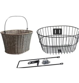 Black Metal Basket with Removable Poly Rattan Basket with Handles (Incl. Fixing Bracket for Quill Stem) 38 x 23 x 29cm