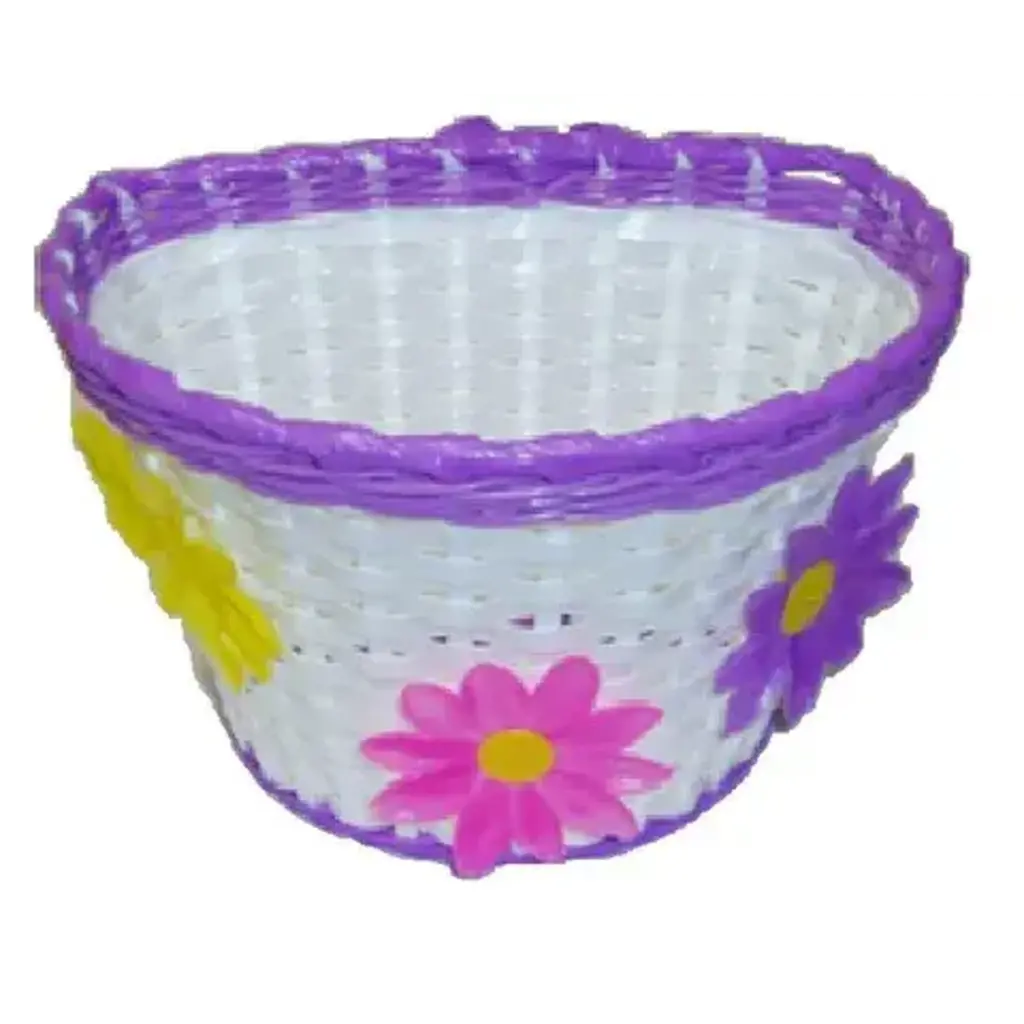 BASKET - Front, Kids, White with Purple Strip & Large Flowers