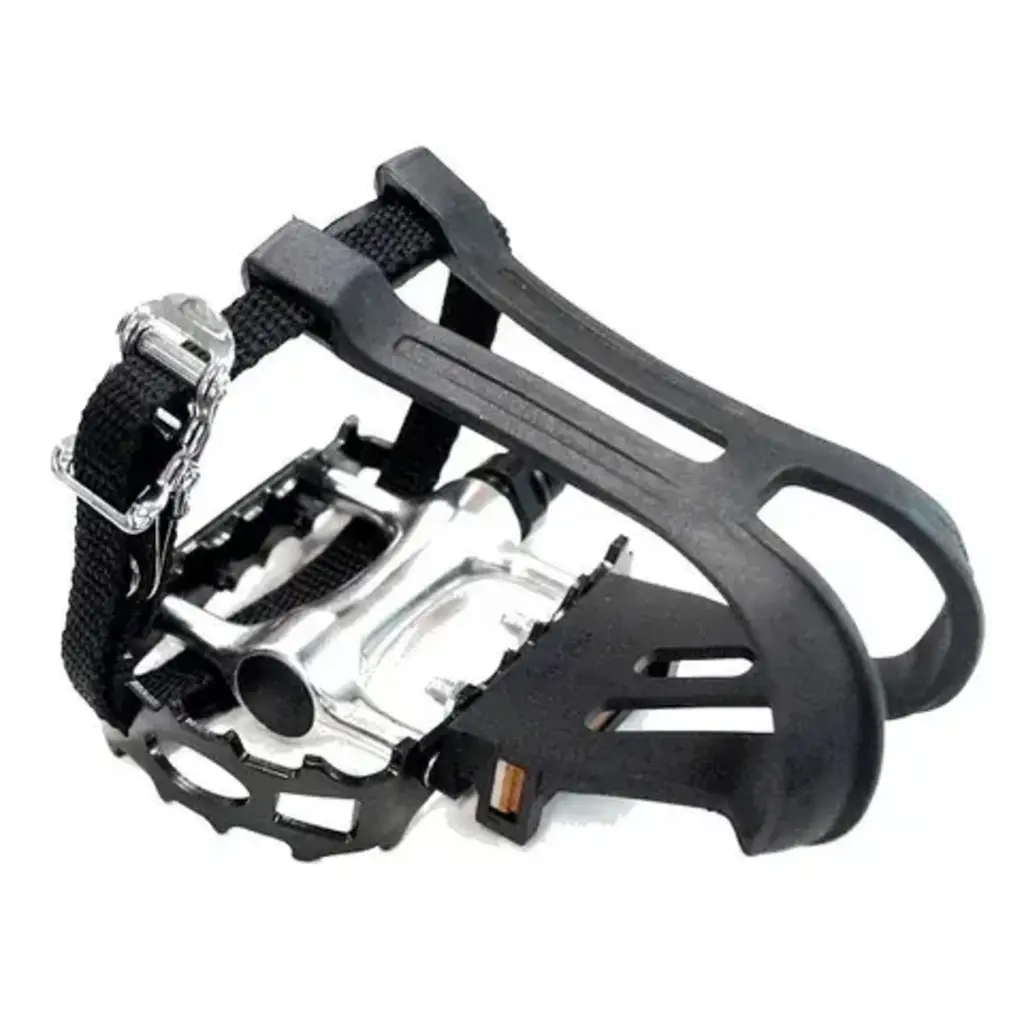 Pedals w. Toe Clip & Straps,  9/16" Alloy Body -Silver/Black